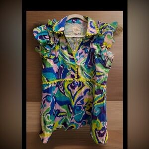 Umgee women’s Sz L Vibrant Abstract Ruffle Cap sleeve Blouse NWT